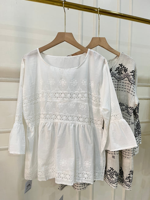 Cotton Embroidered Peplum Tiered Tops